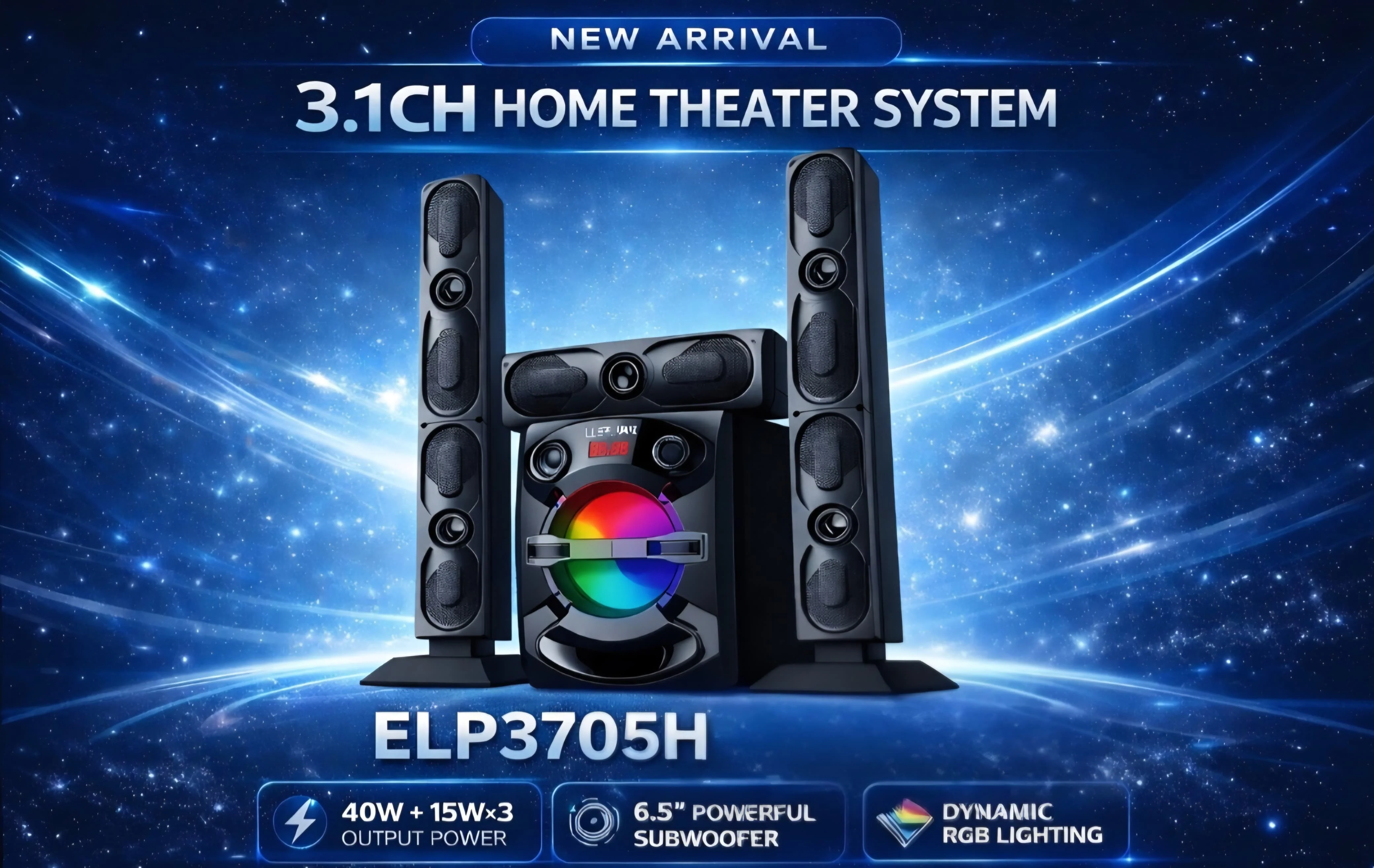 Ailyons ELP3705H 3.1CH Home Theater System – Powerful Surround Sound with Bluetooth, USB & FM Radio for Home Entertainment