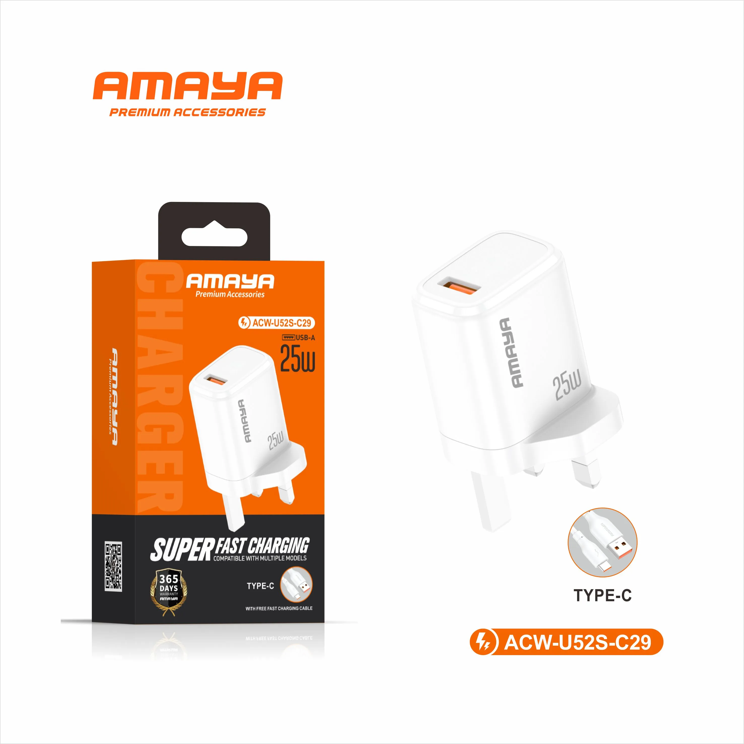 Amaya ACW-U52S-C29 25W Single U GB 2in1 Fast Charger with Type-C Cable - Image 2