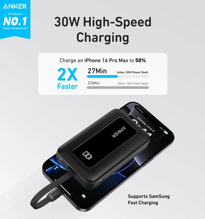 Anker A1688H11 Power Bank 10,000mAh 30W Fast Charging Portable Charger with Built-In USB-C Cable - Image 2