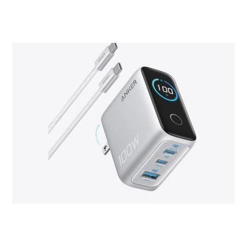 Anker B121BK41 100W 3-Port Smart Display with USB-C Cable Silver - High-speed multi-device charging with real-time power monitoring and efficient smart charging control