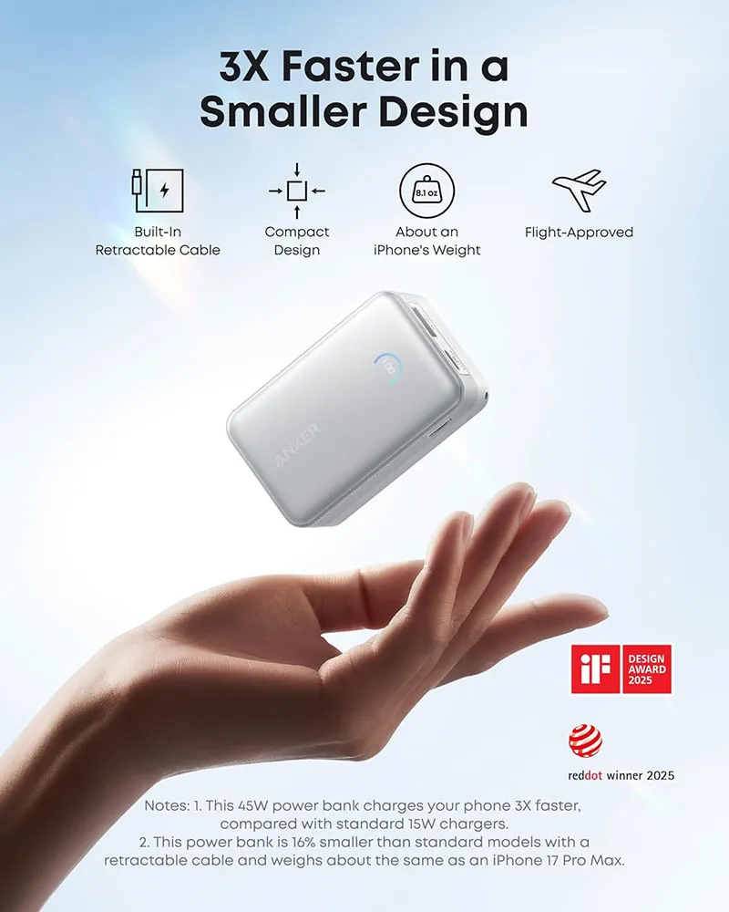Anker Nano A1638H21 10,000mAh 45W Power Bank -Built-In Retractable USB-C Cable for fast portable charging for laptops, phones and tablets on the go - Image 4