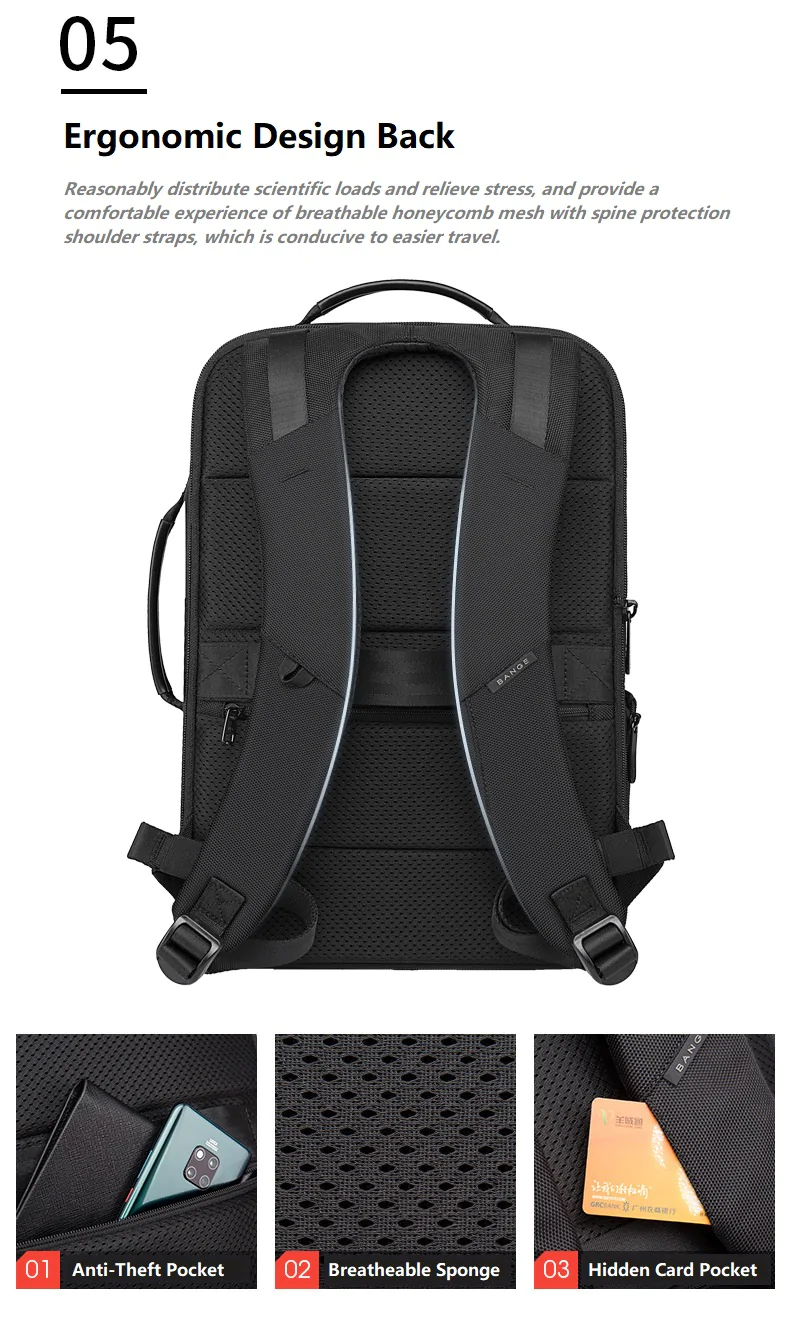 BANGE Business Smart Backpack - Waterproof, Fit 15.6" Inch Laptop Backpack with USB Charging Port, Travel Durable Backpack, Anti-theft Lock - Image 3
