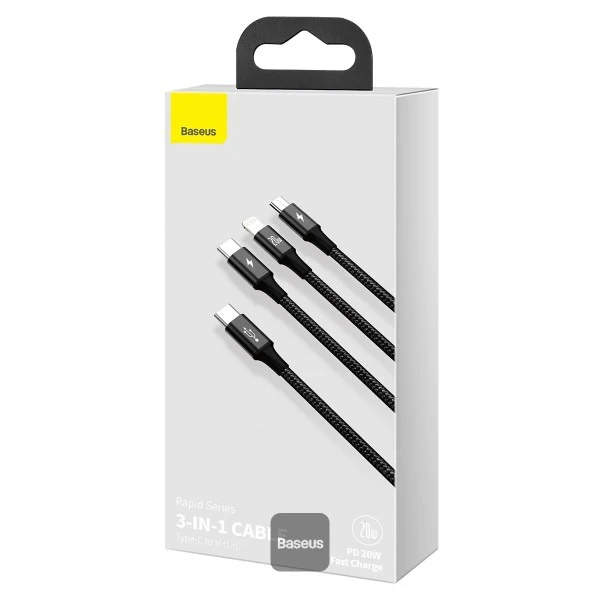 BASEUS CAMLT-SC01 Rapid Series 3-in-1 Fast Charging Data Cable Type-C to M+L+C PD 20W 1.5M - Image 6
