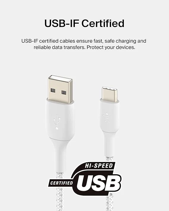 Belkin CAB002BT1MWH Braided USB-A to USB-C Cable 1M – White - Image 2