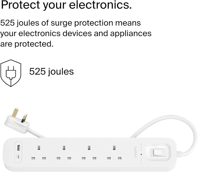 Belkin SRB001ar2M 4-Outlet Surge Protector Power Strip, USB A + C - Image 2