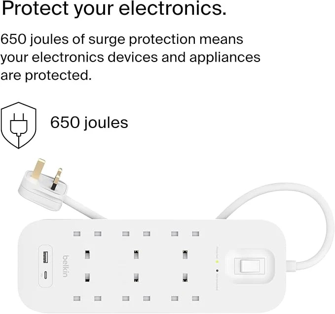 Belkin SRB002ar2M 6-Outlet Surge Protector Power Strip,18W, USB A + C - Image 2