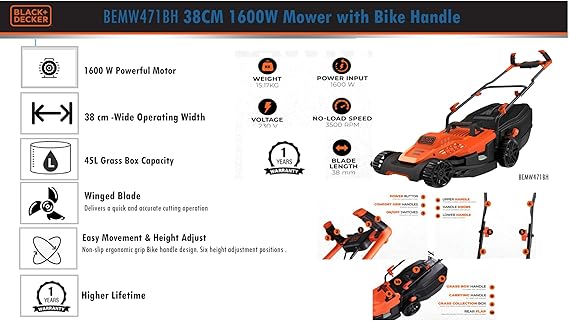 Black + Decker BEMW471BH-GB 38cm 1600W Electric Lawn Mower – Powerful Corded Grass Cutter - Image 2