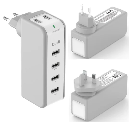 Budi AC301U / AC301E 35W(5V0.5A*2+5V1A*2+5V2.1A*2) 6 USB ports Swivel UK/EU plug