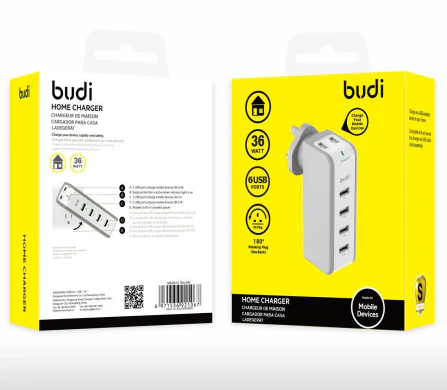 Budi AC301U / AC301E 35W(5V0.5A*2+5V1A*2+5V2.1A*2) 6 USB ports Swivel UK/EU plug - Image 2