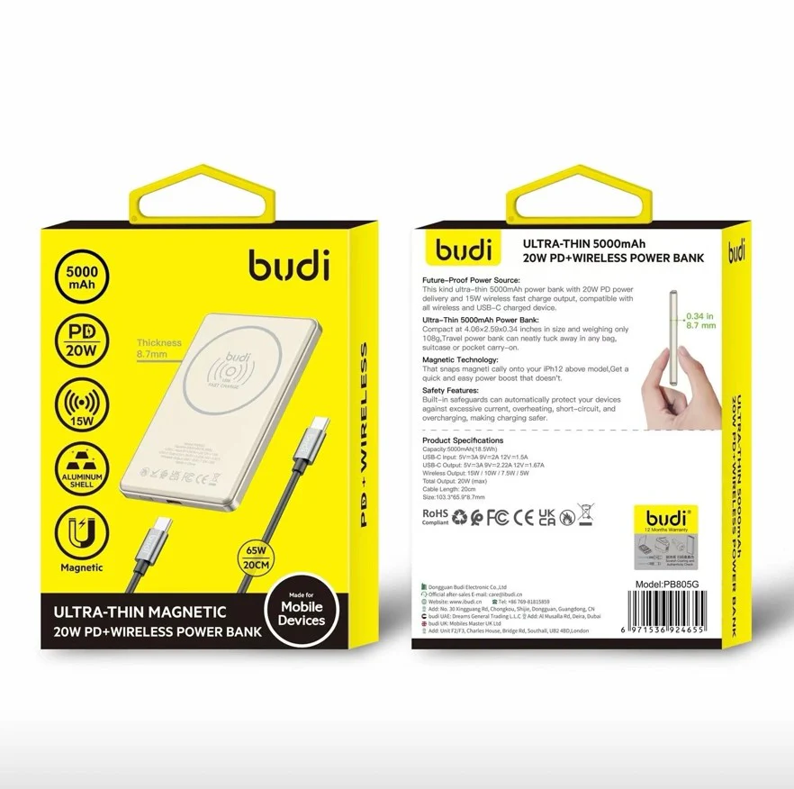 Budi PB805G 5000mAh Ultra Thin Magnetic Power Bank – Slim Magnetic Wireless Ready Portable Charger with Fast Charging for iPhone, Android and Magnetic-Compatible Devices