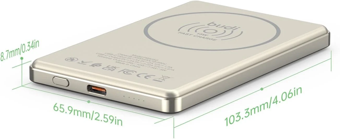 Budi PB805G 5000mAh Ultra Thin Magnetic Power Bank – Slim Magnetic Wireless Ready Portable Charger with Fast Charging for iPhone, Android and Magnetic-Compatible Devices - Image 2