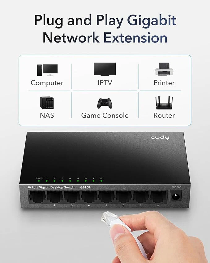 Cudy GS108 8-Port Gigabit Unmanaged Network Switch, Ethernet Hub & Splitter, Plug & Play, Fanless Metal Design, Shielded Ports, Traffic Optimization - Image 2