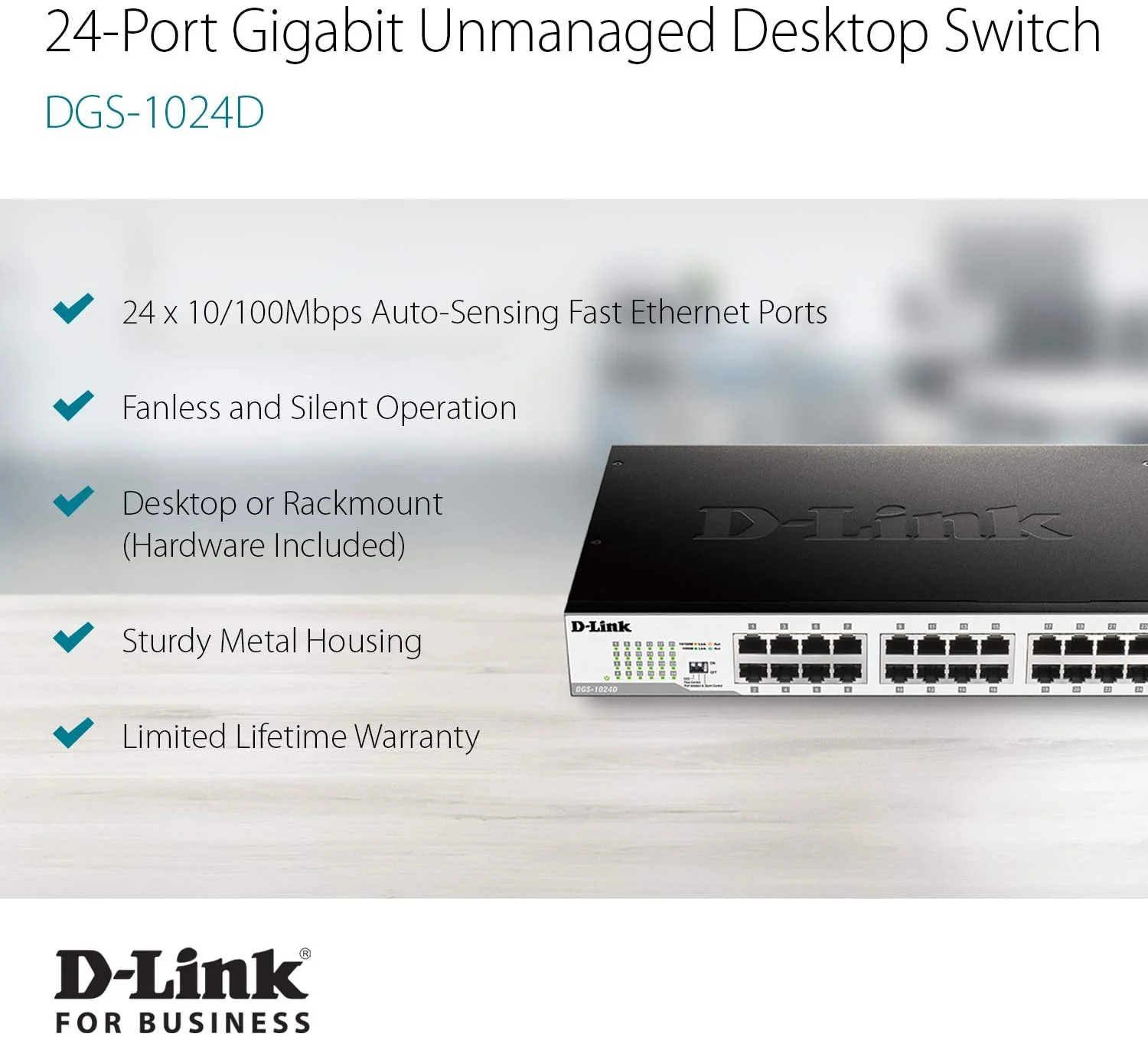 D-Link Fast Ethernet Switch, 24 Port Gigabit Unmanaged Fanless Network Hub Desktop or Rack Mountable (DGS-1024D) - Image 3