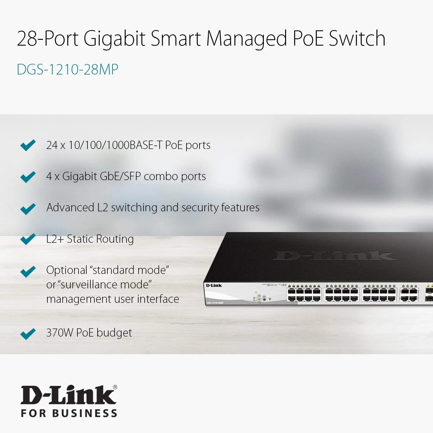 D-Link Poe+ Switch, 24 28 Port Smart Managed Layer 2+ Gigabit Ethernet with 4 Gigabit RJ45/SFP Combo Ports and 370W PoE Budget (DGS-1210-28MP) - Image 2