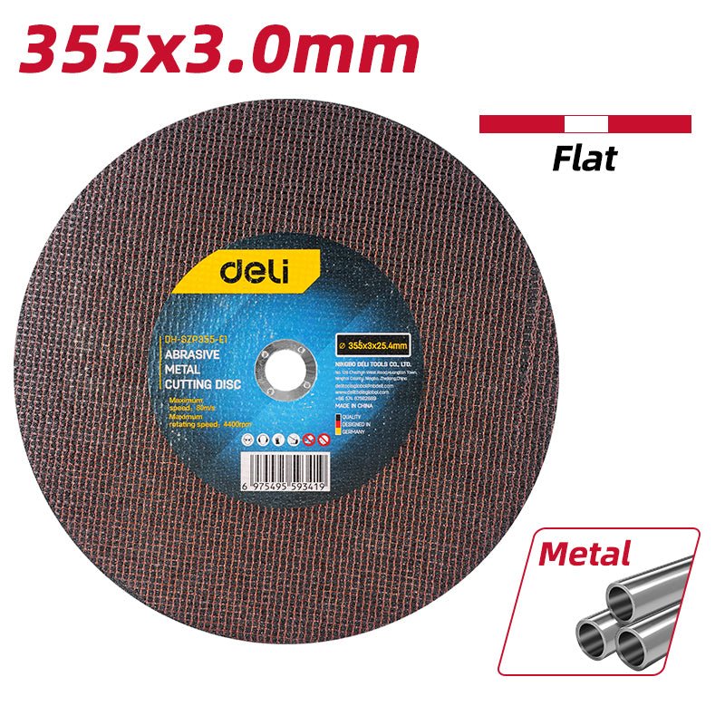 Deli EDH-SZP355-E1 355mm x 3mm x 25.4mm Abrasive Metal Cutting Disc Flat Centre – Heavy Duty Cutting Disc for Metal Fabrication, Workshop, and Industrial Applications