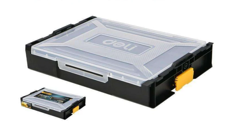 Deli EDL1201 340W x 260D x 70H mm Stackable Tool Box – Compact Modular Storage Case for Tools, Parts and Workshop Organization