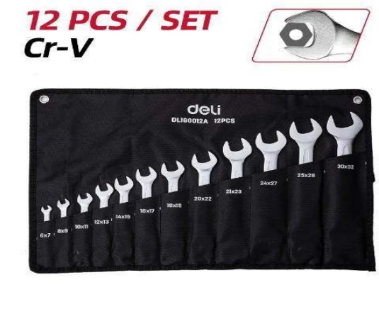 Deli EDL160012A 6–32mm 12PCS Double Open End Spanner Set – Heavy Duty Professional Metric Wrench Kit for Automotive, Workshop, Construction, and Industrial Maintenance Applications