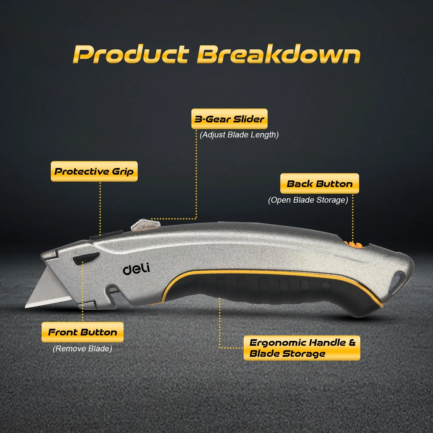 Deli EDL410 153x45mm Utility Knife – Heavy Duty Cutting Tool with 61x19mm Blade for Workshop, Construction, Packaging, and Industrial Applications - Image 2