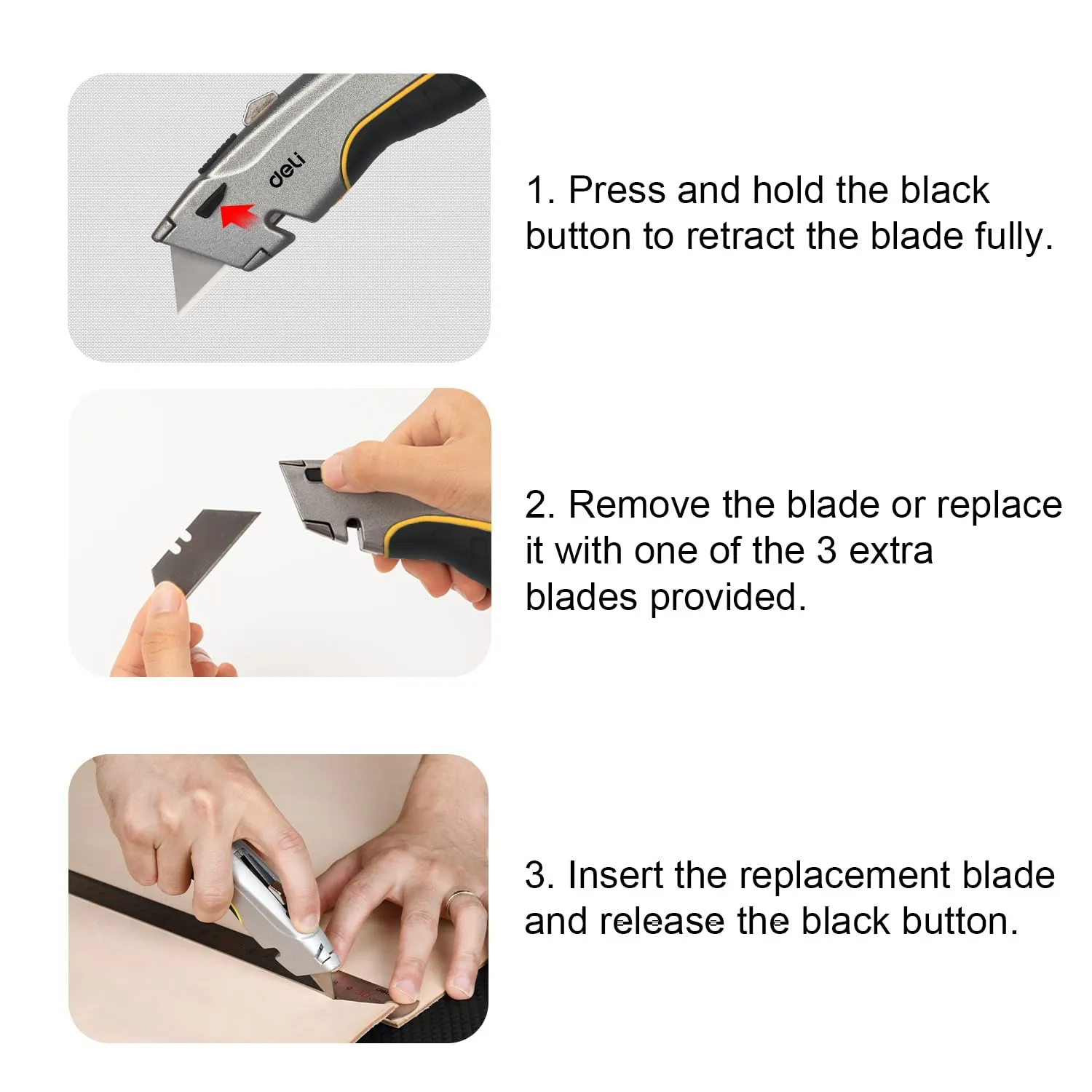 Deli EDL410 153x45mm Utility Knife – Heavy Duty Cutting Tool with 61x19mm Blade for Workshop, Construction, Packaging, and Industrial Applications - Image 3