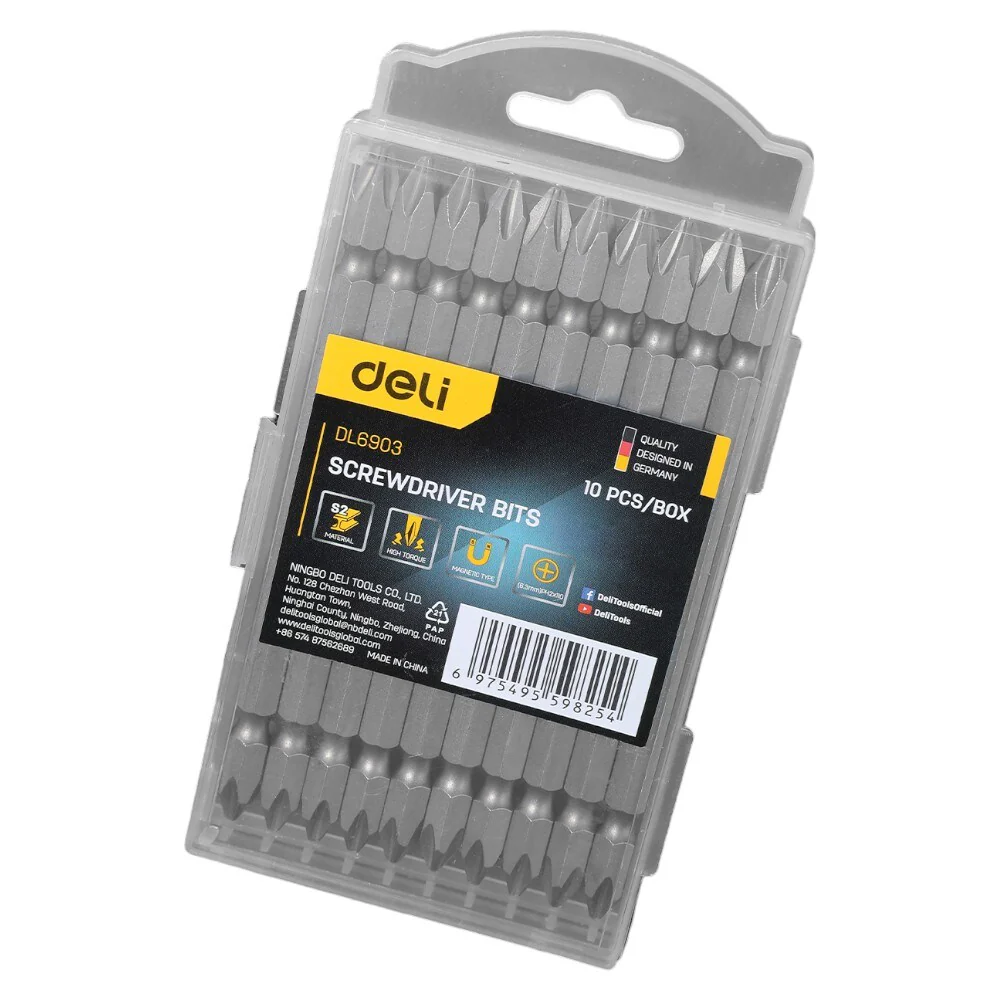 Deli EDL6903 PH2 110mm 10-Pcs Screwdriver Bits – Professional Heavy Duty Precision Bit Set for Workshop, Automotive, Construction, Industrial Maintenance, and DIY Applications