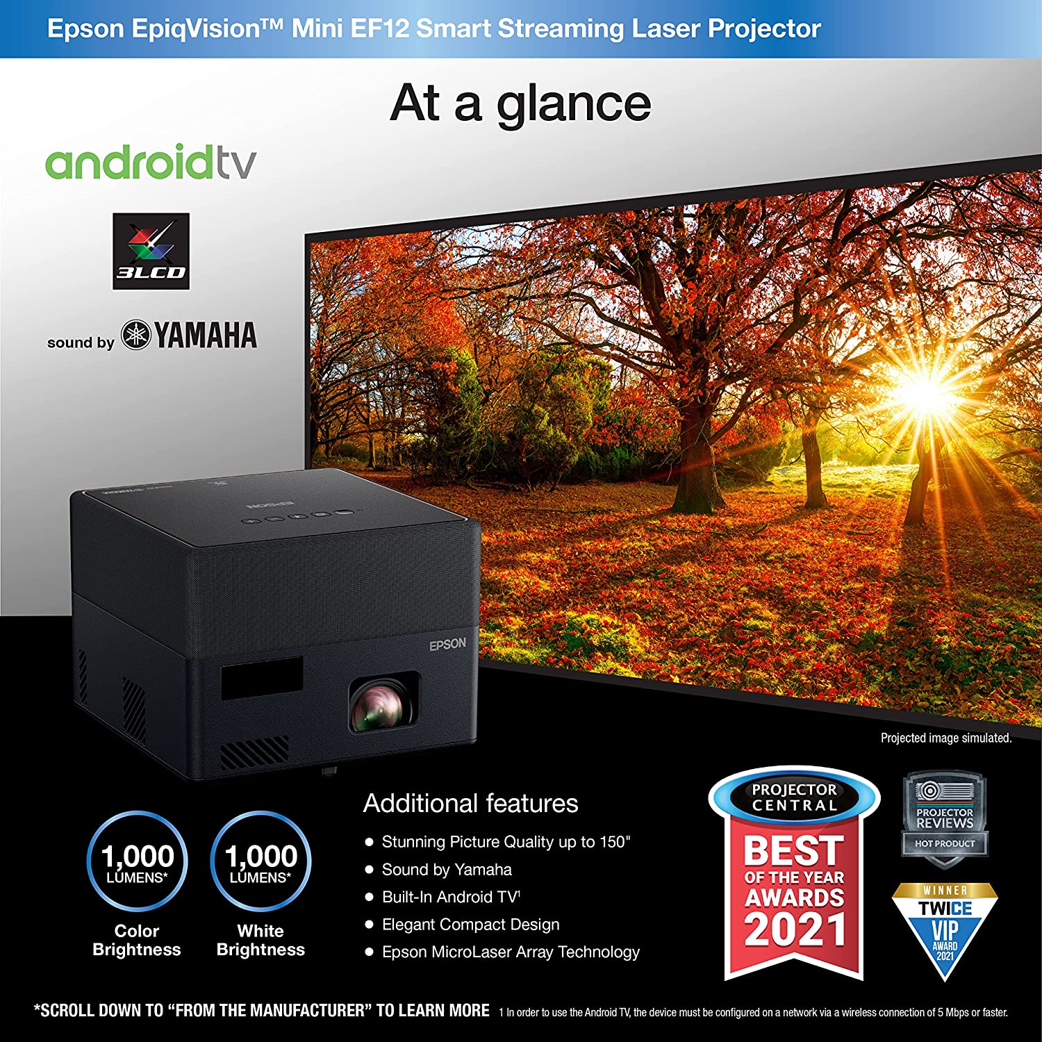 Epson EF-12 Mini laser Smart projector (V11HA14040) - 3LCD, Full HD, 1000 Lumens, 150 Inch Display, Android TV, Sound by Yamaha, Gaming & Home Cinema Laser Projector - Image 2