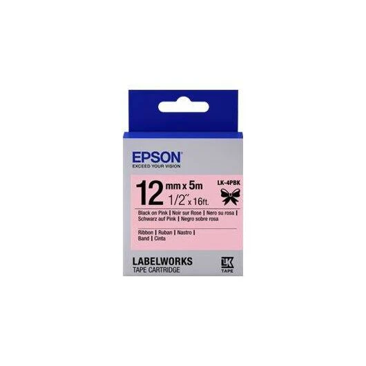 Epson LK-4PBK Satin Ribbon Label Tape Cartridge (C53S654031) - Black on Pink, Dimensions:12mm x 5m, Compatible Printers: LW-1000P, LW-300, LW-400, , LW-600P, LW-700, LW-900P, Z700FK