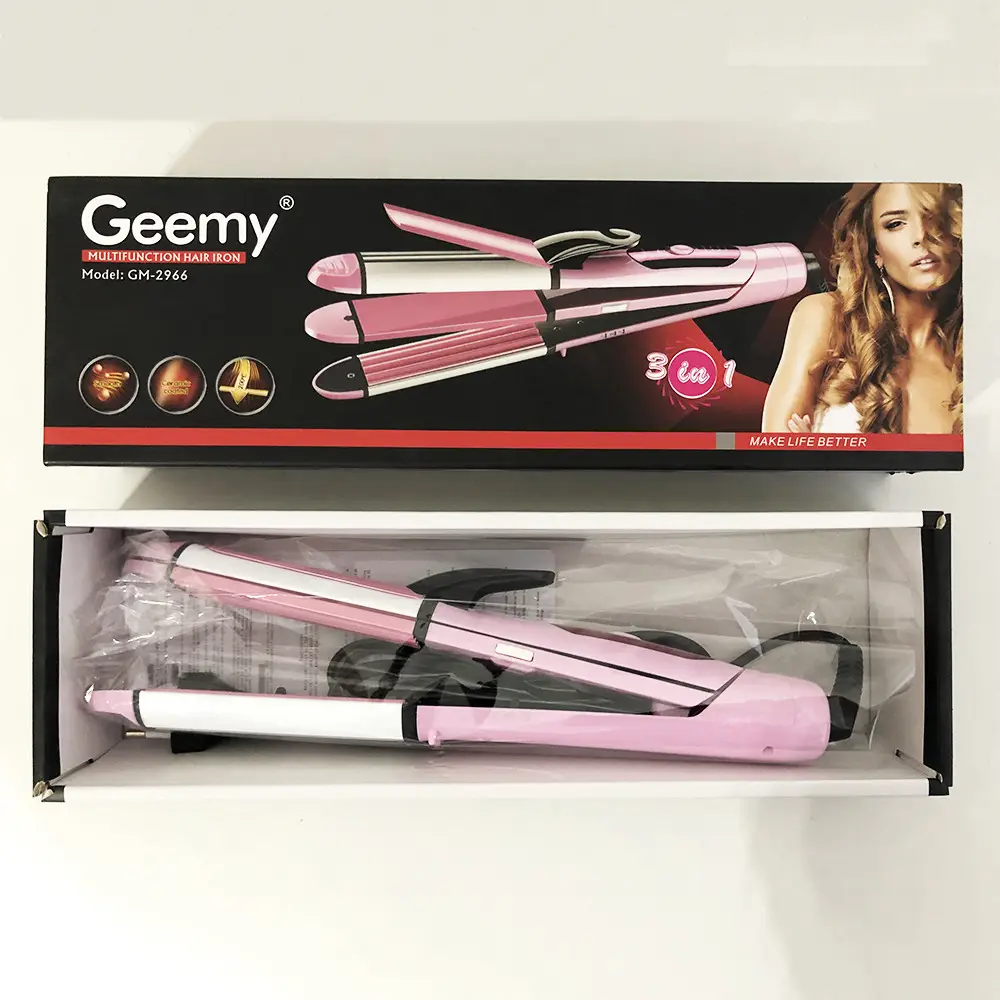 Geemy GM- 2966 3 In 1 Multifunctional Hair Iron - Straight/Curl/Wave , 60W, 220 v/ 240, Ceramic plates for even straightening