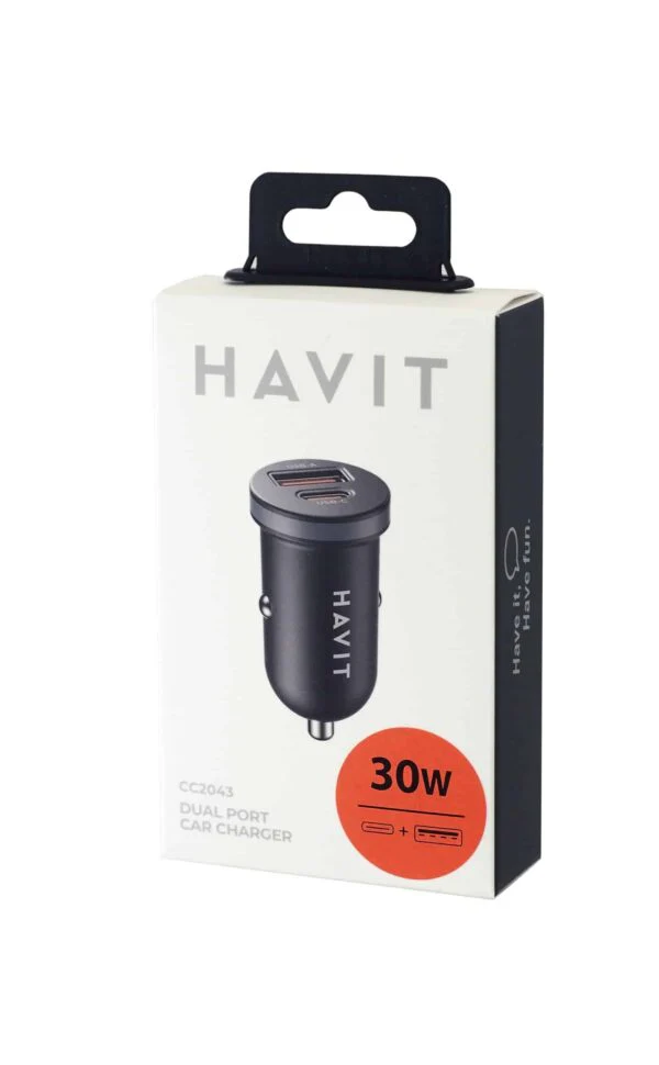 Havit CC2043 30W Dual-Port Car Charger DriveCharge Pro – Fast Charging USB + USB-C Car Adapter for Smartphones, Tablets, and In-Car Power Use - Image 3