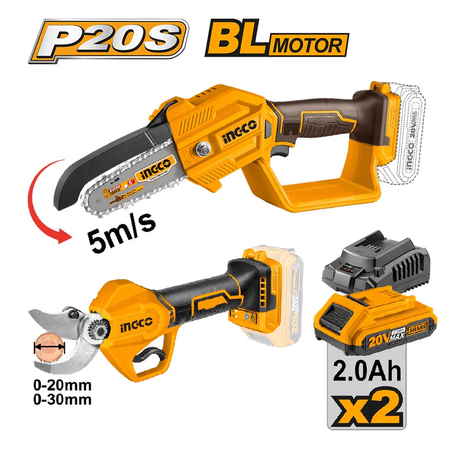 Ingco COSLI240306 Cordless Mini Chain Saw & Straight Shear Combo Kit (20V)