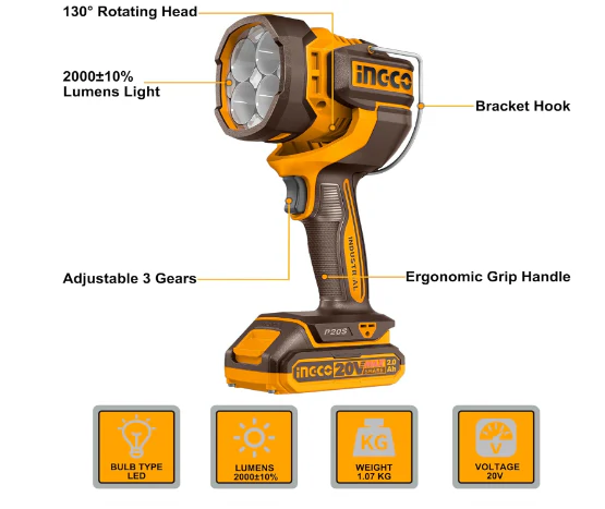 Ingco CWLI2088 Cordless LED Work Lamp – Rechargeable, Adjustable, High Brightness - Image 2