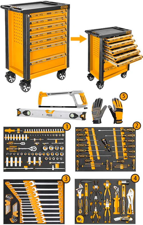 Ingco HTCS271621 Roller Tool Cabinet / Tool Chest with 162 pcs Hand Tools Set