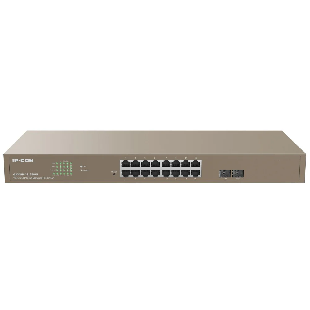 IP-COM G3318P-16-250W 16GE+2SFP Cloud Managed PoE Switch - 16 gigabit PoE ports, 2 SFP ports, supports IEEE 802.3af/at standards - Image 2