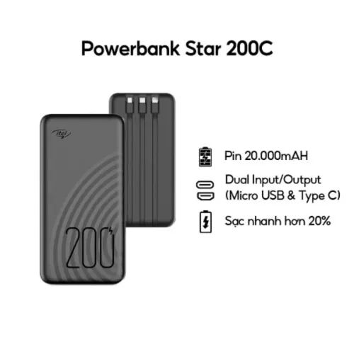 Itel Star-200C Power Bank - 20000 mAh Rated Input: DC 5.0V/2A,Rated Output: DC 5.0V/2.1A, Max Connector:Type:A+A+C+M