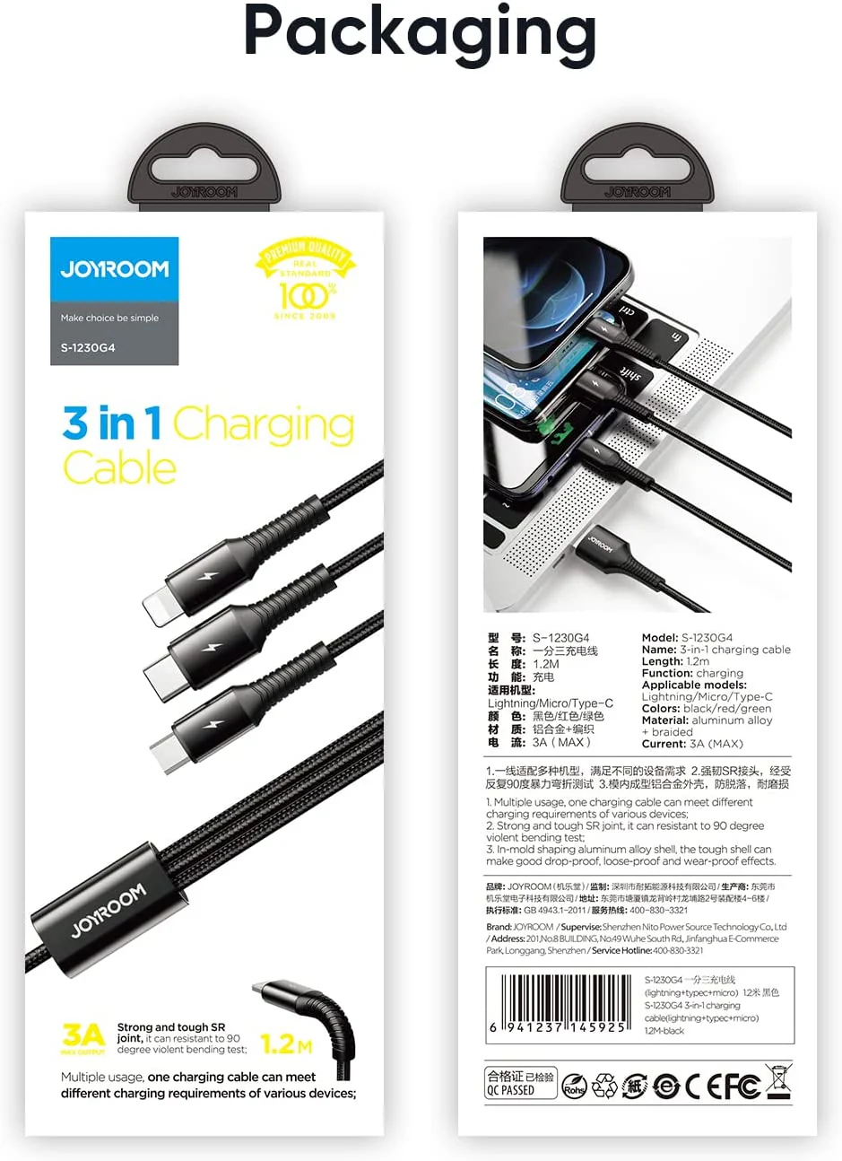 Joyroom 3 in 1 (Lightning + Type-C + Micro USB) Fast Charging and Data Cable 1.2M - S-1230G4 - Image 2