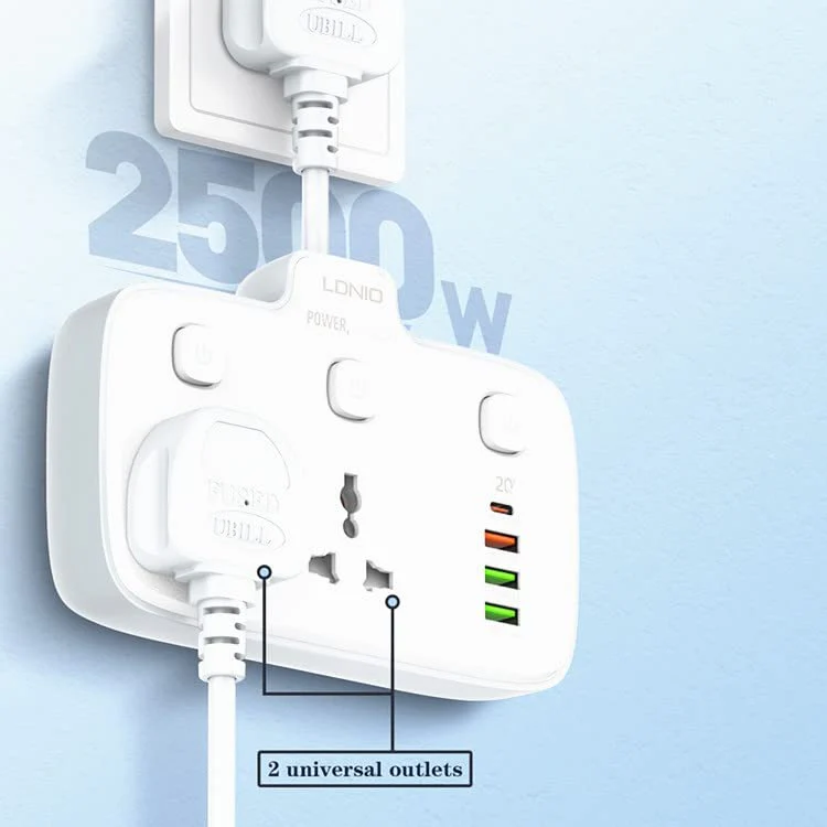 LDNIO 2 Universal Outlets Wall Power Socket 2500W With 1PD, 1 QC3.0 and 2 Auto-ID USB with individual switch - SC2413