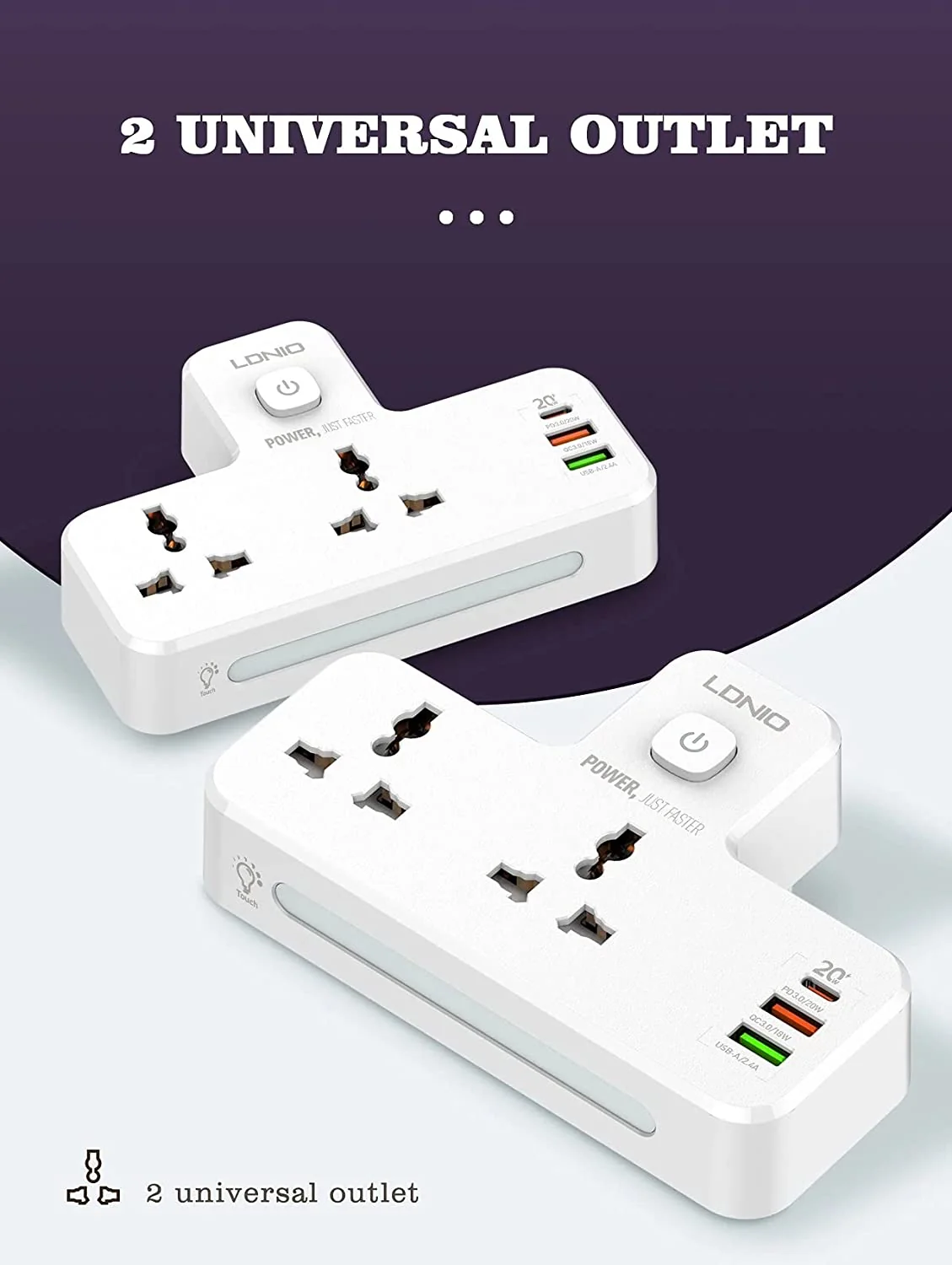 LDNIO Fast Charging Wall Socket - 2 Way Power Socket, 1 USB-C & 2 USB-A - PD & qc3.0 - SC2311 - Image 6