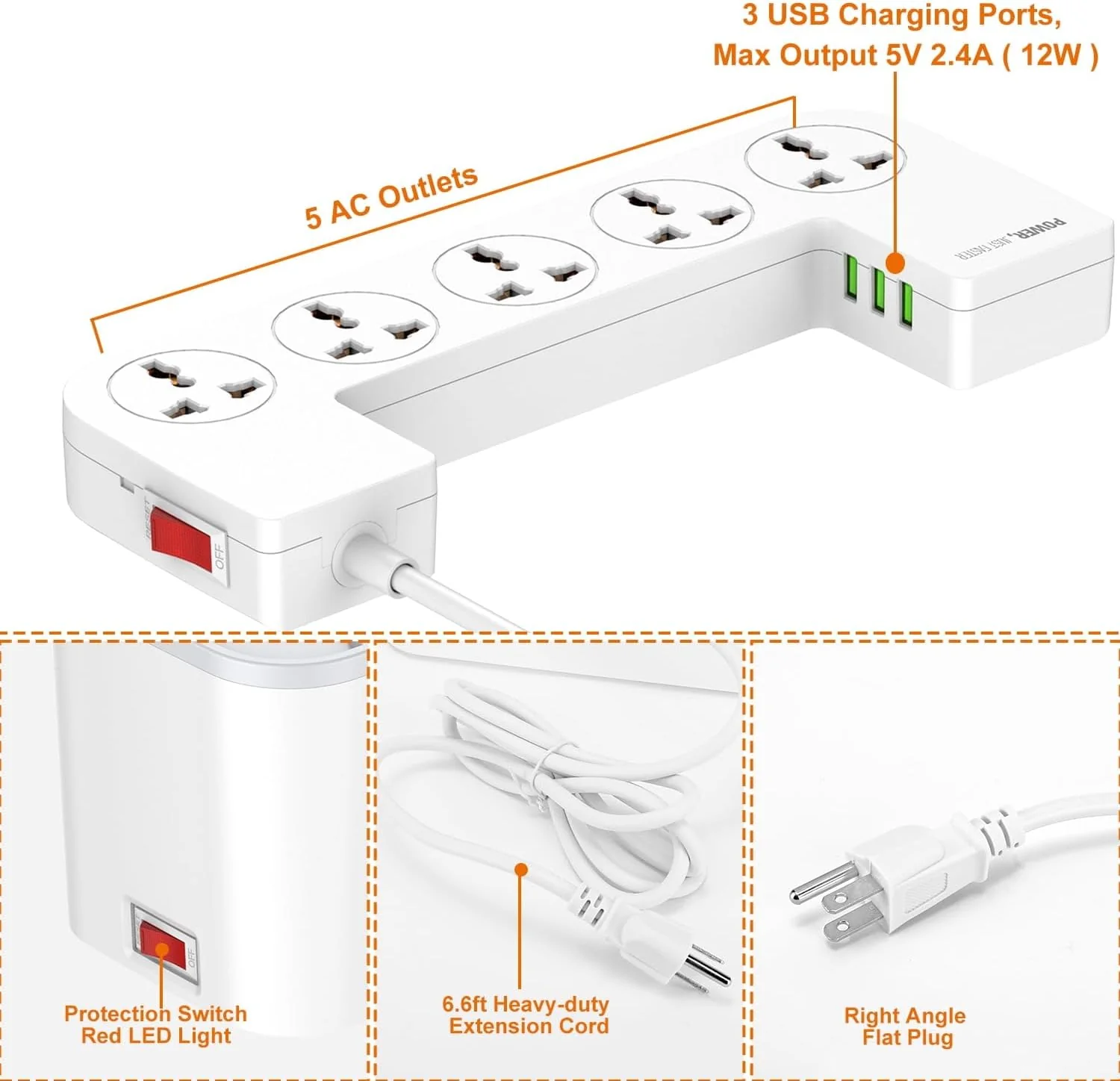 LDNIO SN5309 Power Strip Extension Socket with Organizer, 5x AC, 3x USB, 2500W - Image 6
