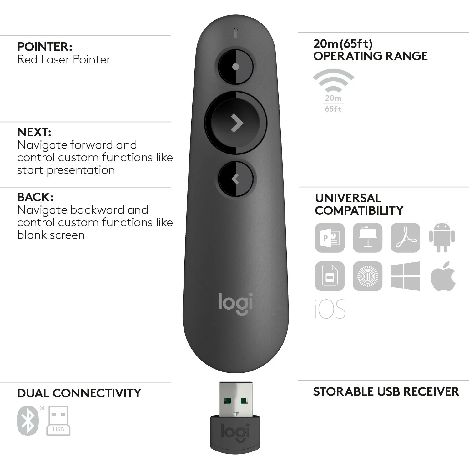 Logitech R500 Bluetooth and USB Laser Presentation Remote - Image 2