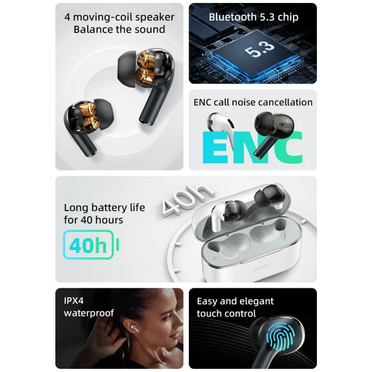 Mibro M1 Wireless Earbuds(XPE005)-4 moving-coil speaker, BT 5.3 ENC headphones, IPX4 Waterproof, Touch Control, tws earphones - Image 3