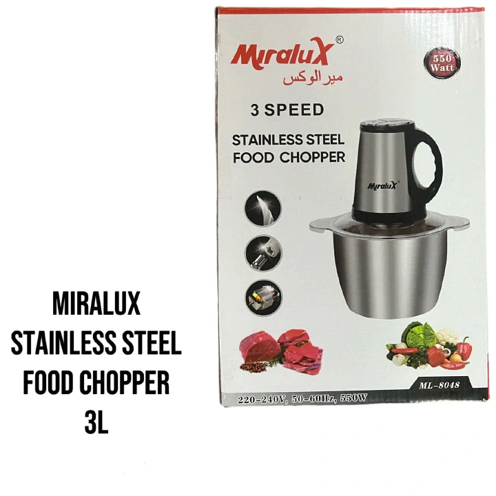 Miralux ML-8048 3-Litre 3-Speed Stainless Steel Food Chopper – Powerful Motor, Multi-Speed Control, Durable & Easy-to-Clean, Perfect for Home & Commercial Kitchens