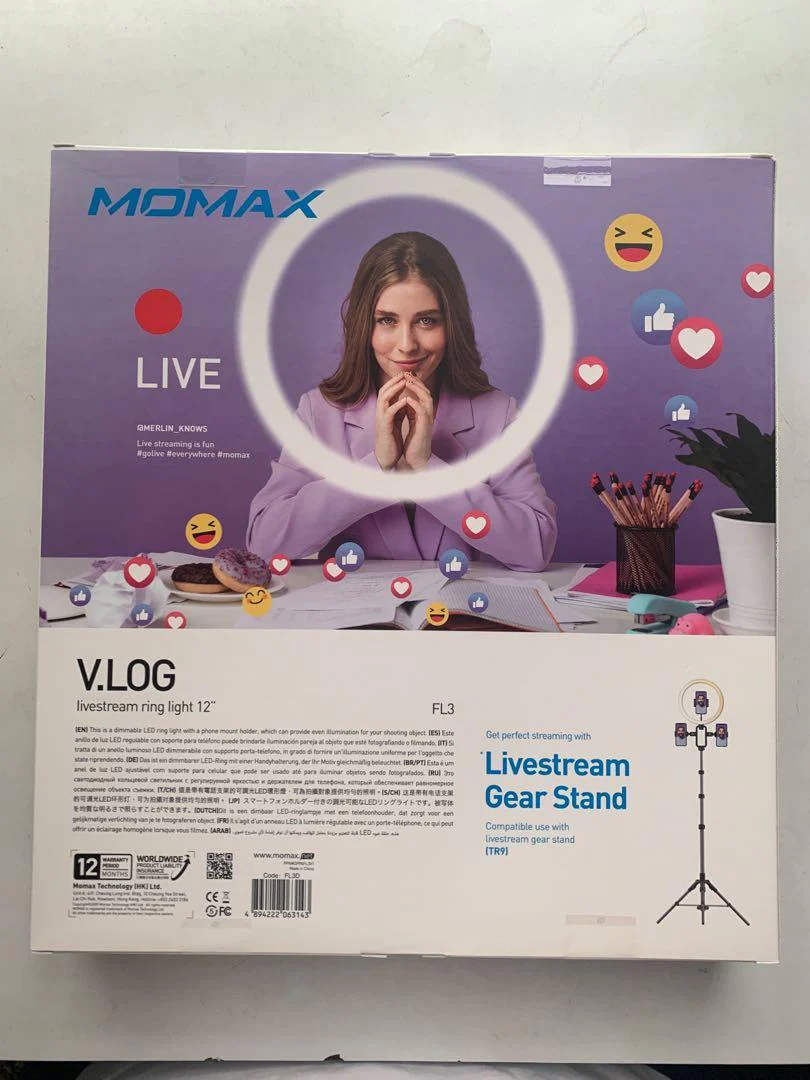 MOMAX V.Log Livestream dimmable LED Ring Light 12" with Stretchable Tripod Stand 3 Phone Holder Annular Lamp for Selfie/Makeup/Live Stream/Video/Vlog/Camera/Photo Shooting FL3D+TR9 - Image 2