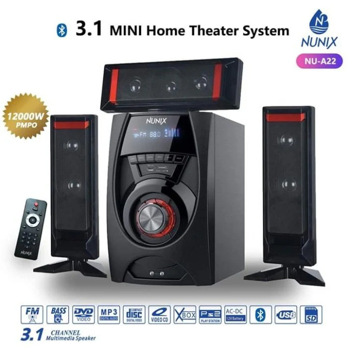 Nunix A22 home theater system - 3.1 Channel Surround sound, Bluetooth,Powerful bass via a specially tuned sound matrix, Powerful stand up speakers