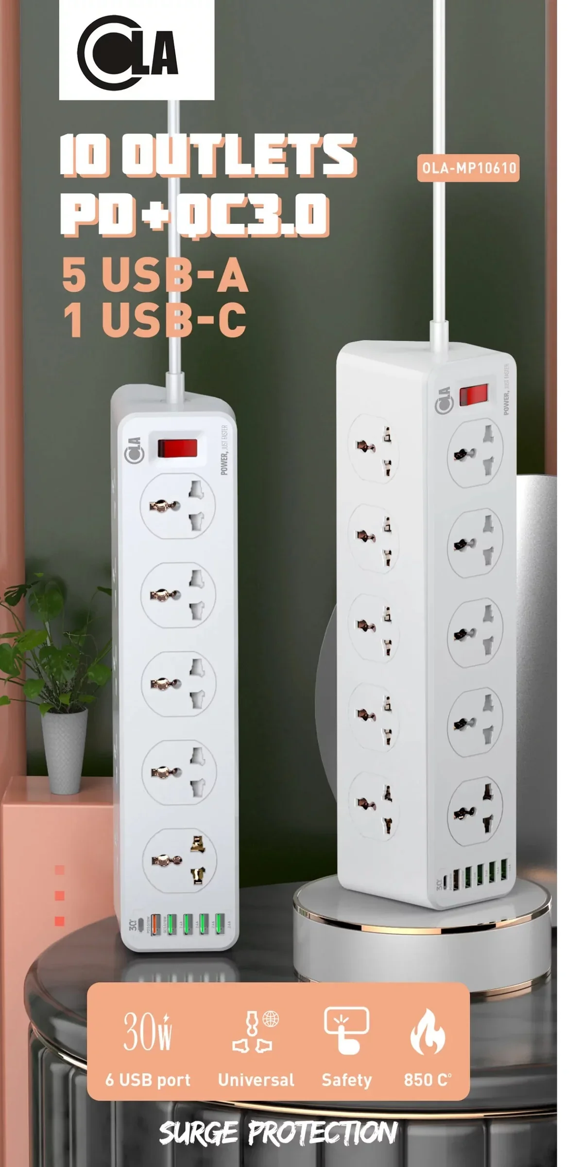 OLA OLA-MP10610 10 Power Strip Surge Protector – 10 Outlets + 5 USB + Type-C, High-Speed Charging, and Overload Protection, and 700J Surge Suppression - Image 4