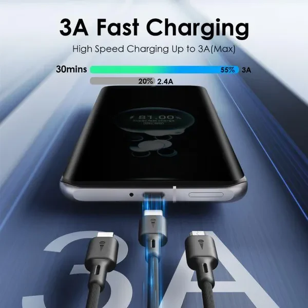Oraimo OCD-X93 Duraline 3 1.2M 3A Type A to Micro-USB/Type-C/Lightning 3 in 1 Fas Charging Data Cable - Image 2