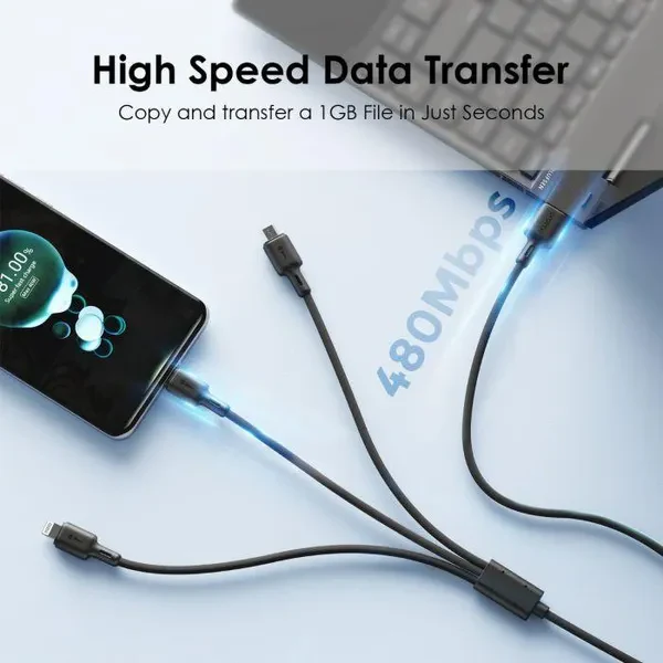 Oraimo OCD-X93 Duraline 3 1.2M 3A Type A to Micro-USB/Type-C/Lightning 3 in 1 Fas Charging Data Cable - Image 4