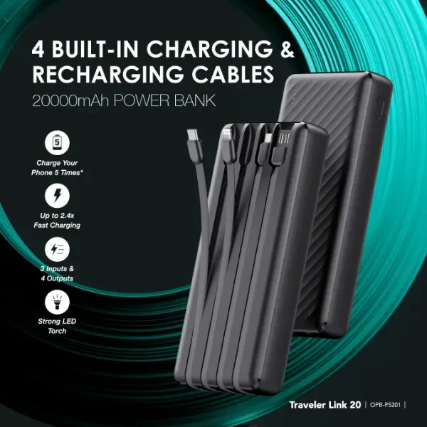 Oraimo OPB-P5201 Traveler Link 20 20000mAh 4 Charging Cables 12W Power Bank - Image 4