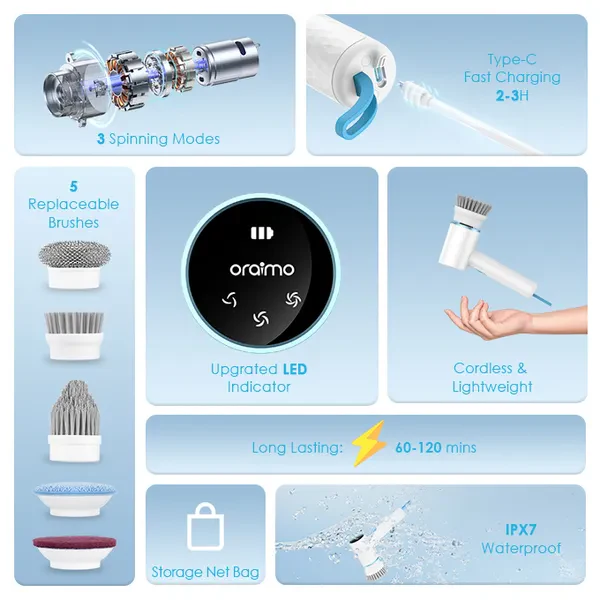 Oraimo OSS-204A Ultra Cleaner Scrubber Cordless 1.5H Runtime Electric Spin Brush with 5 Replacement Heads - Image 2