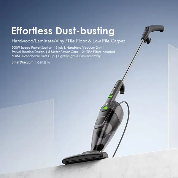 Oraimo OSV-251A SmartVacuum Corded Vacuum Cleaner with 5m Wire, 500W High Speed Powerful Suction - Image 2