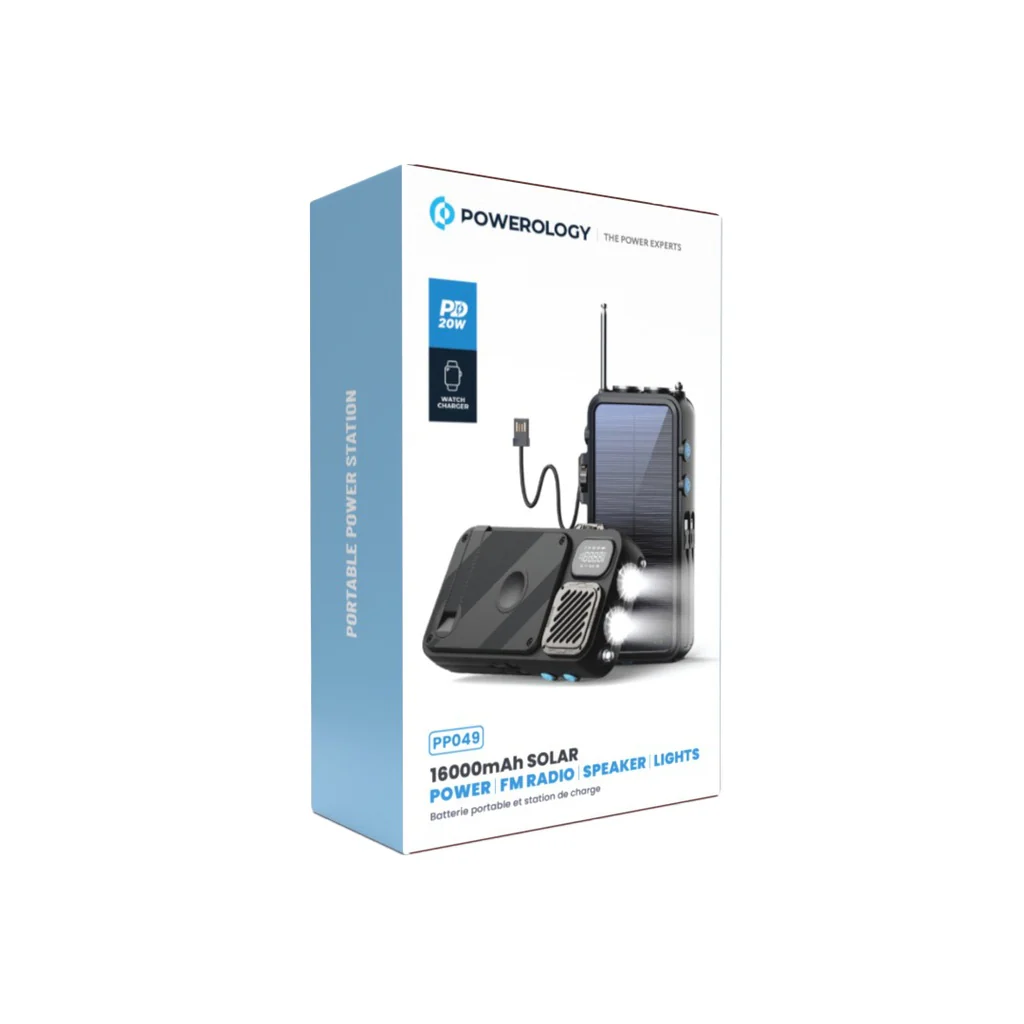 Powerology PP049 16000mAh Solar Power Bank with FM Radio Speaker and Lights - Image 3