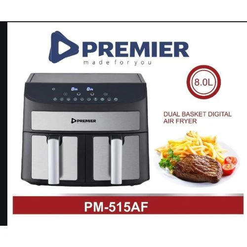 Premier PM-515AF 8.0L Dual Basket Air Fryer – Large Capacity, Rapid Hot Air Cooking, Dual Fry Baskets, Easy-to-Use Digital Controls, Perfect for Home & Family Kitchens